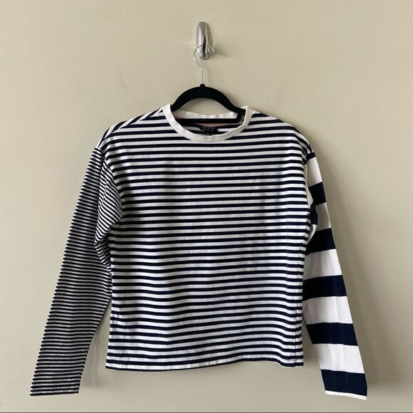 TOPSHOP-NAVY & White Striped Boxy Top (Size:4) - Picture 1 of 7